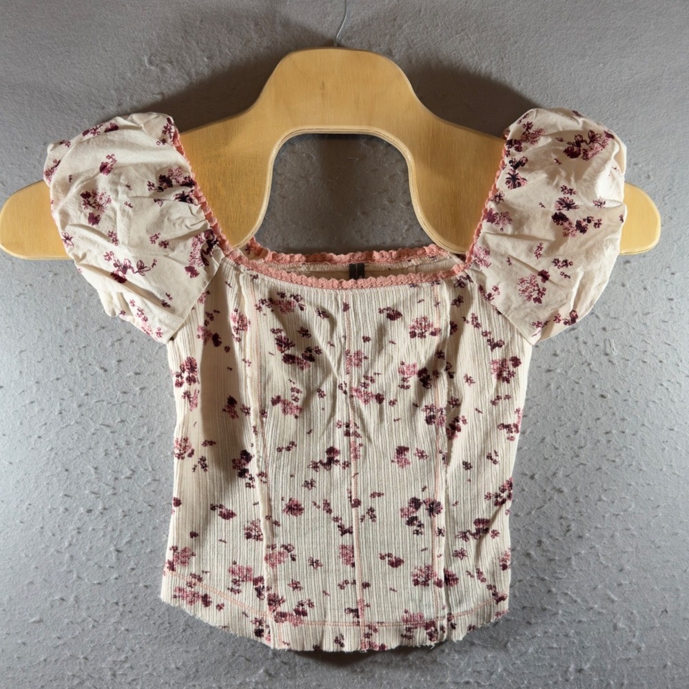 1523 | Anthropologie Floral Puff Sleeve Corset Top Coquette Cream Pink Womens XS
